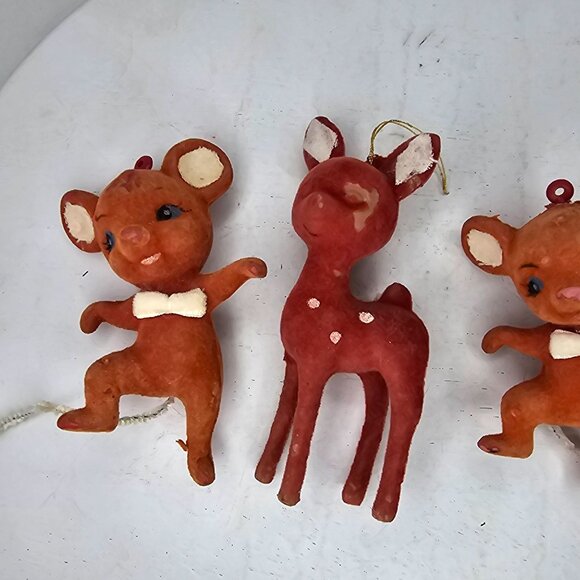 Vintage Flocked Dancing Mouse & Deer Christmas Ornaments Set - Picture 3 of 7